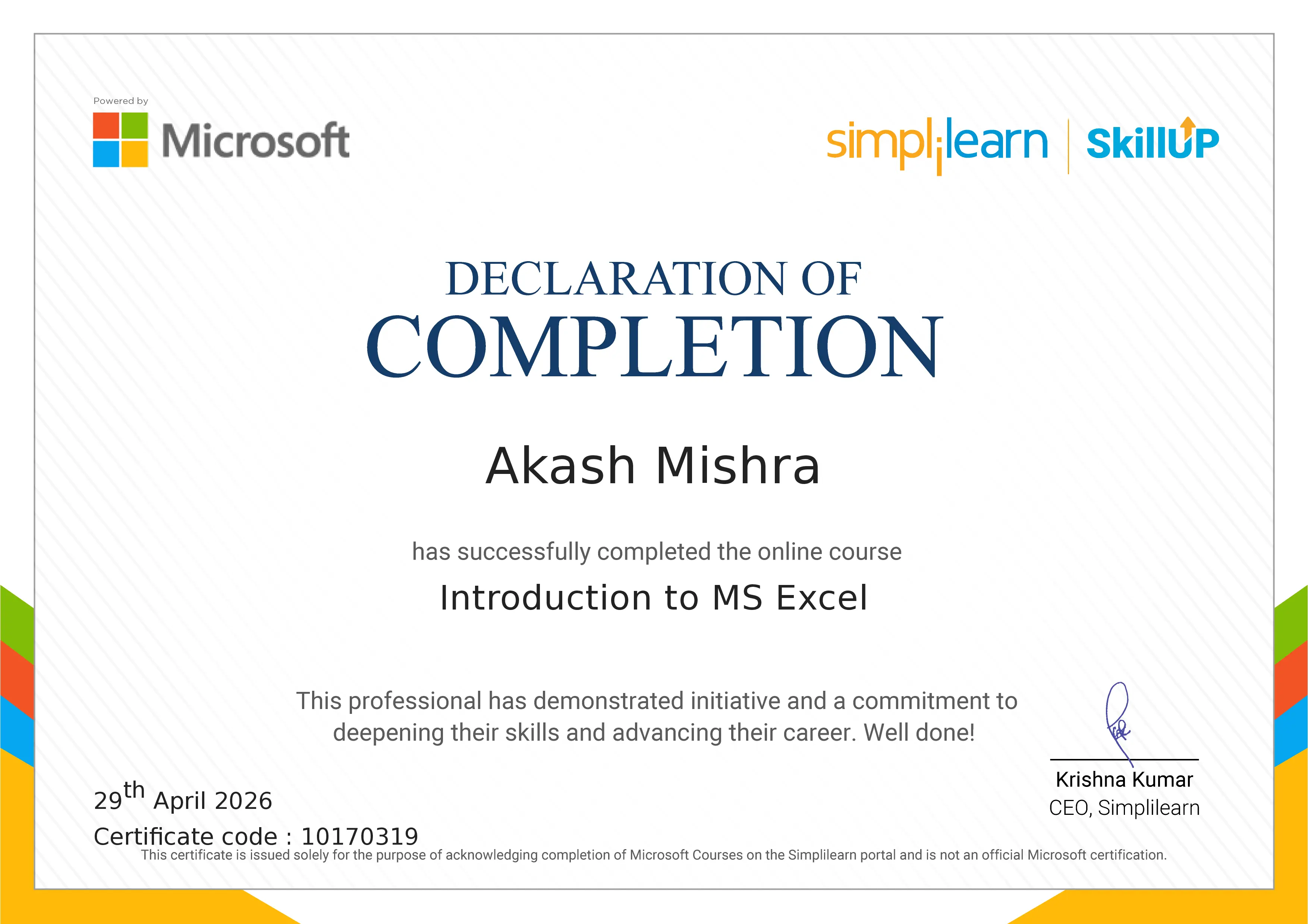 Introduction to MS Excel Certificate